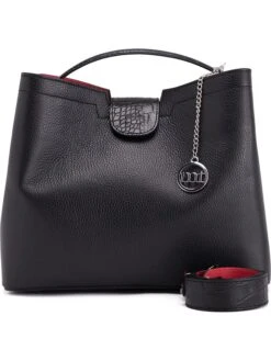 Leder-Henkeltasche In Schwarz - (B)31 X (H)26 X (T)13 Cm