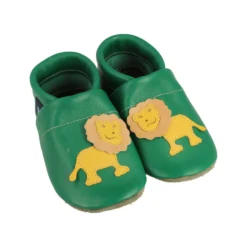 Hausschuhe / Lederpuschen Mit Löwe In Grün / Gelb