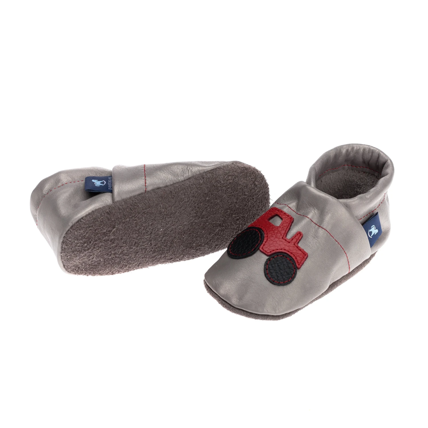 Hausschuhe / Lederpuschen Mit Traktor In Grau / Rot 3 Hausschuhe / Lederpuschen Mit Traktor In Grau / Rot – Bild 3