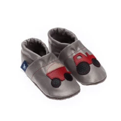 Hausschuhe / Lederpuschen Mit Traktor In Grau / Rot