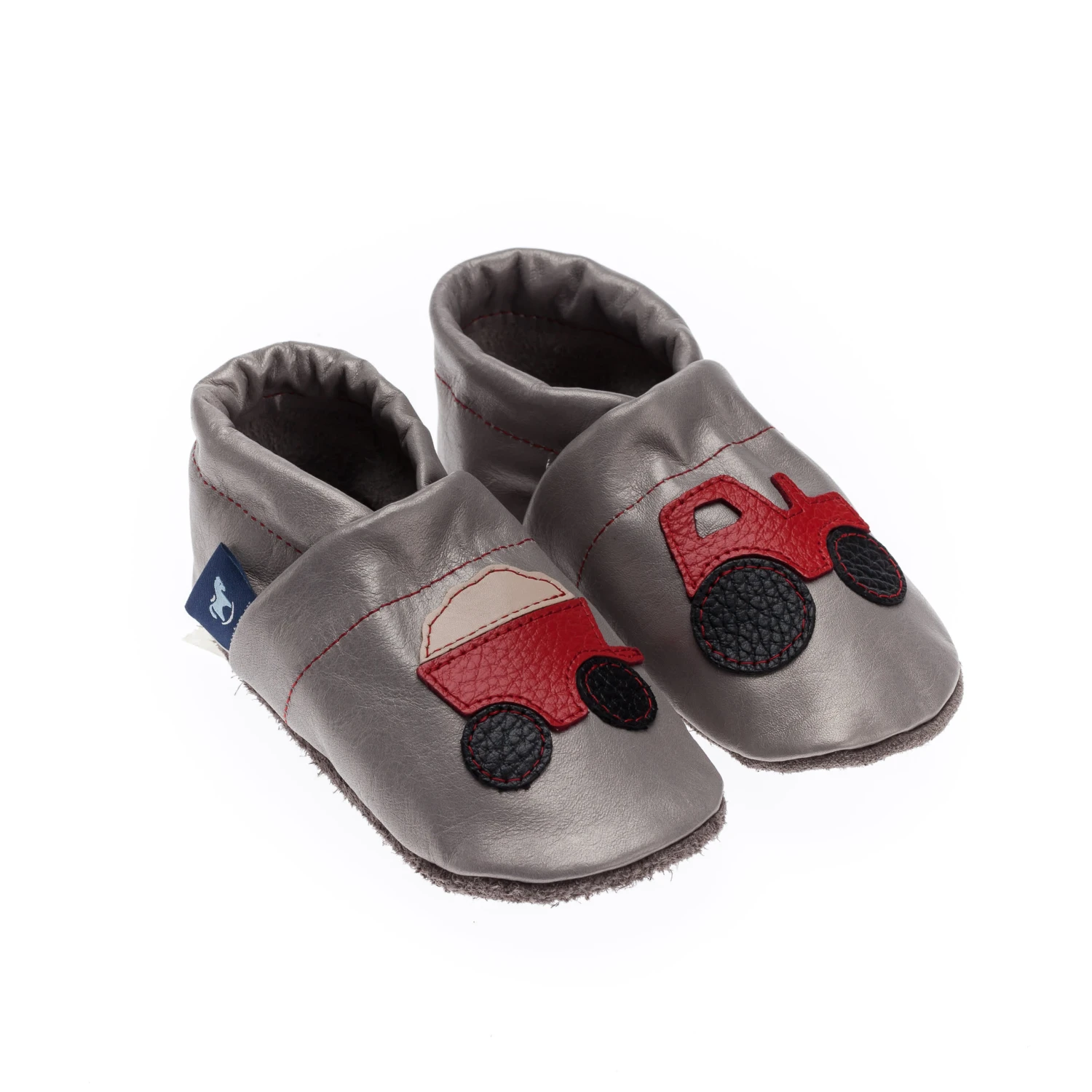 Hausschuhe / Lederpuschen Mit Traktor In Grau / Rot 1 Hausschuhe / Lederpuschen Mit Traktor In Grau / Rot