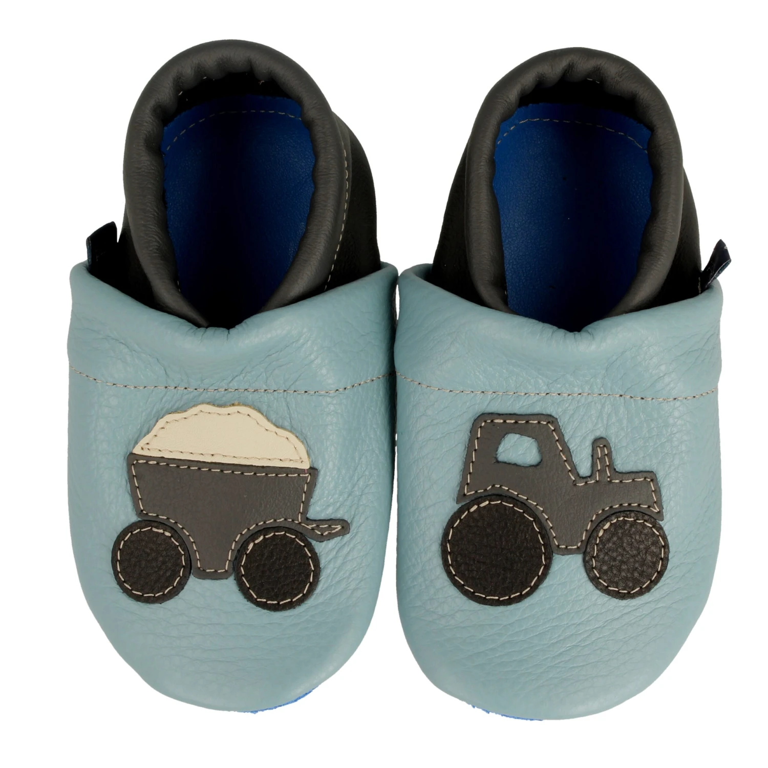 Hausschuhe / Lederpuschen Mit Traktor In Hellblau / Grau 2 Hausschuhe / Lederpuschen Mit Traktor In Hellblau / Grau – Bild 2