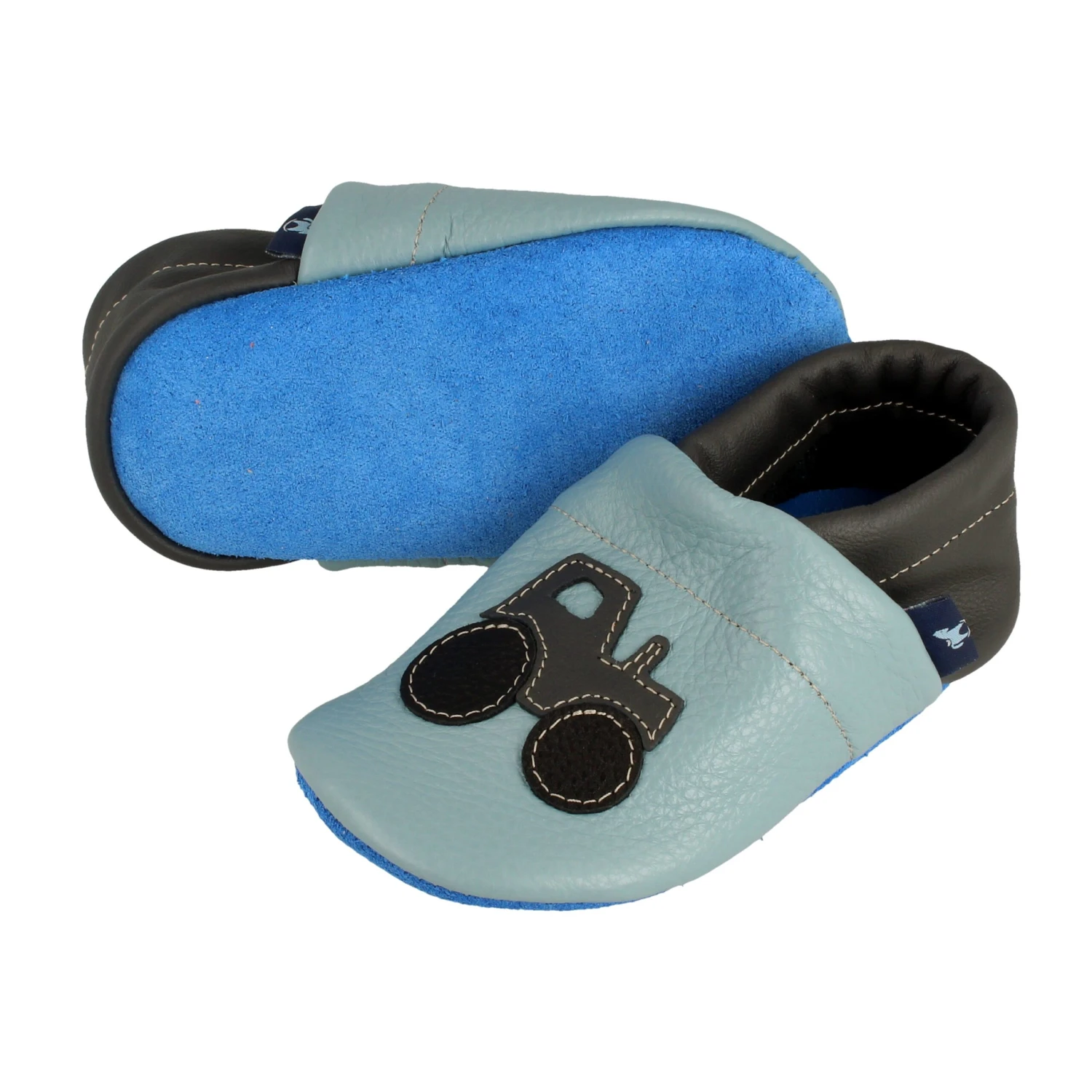 Hausschuhe / Lederpuschen Mit Traktor In Hellblau / Grau 3 Hausschuhe / Lederpuschen Mit Traktor In Hellblau / Grau – Bild 3