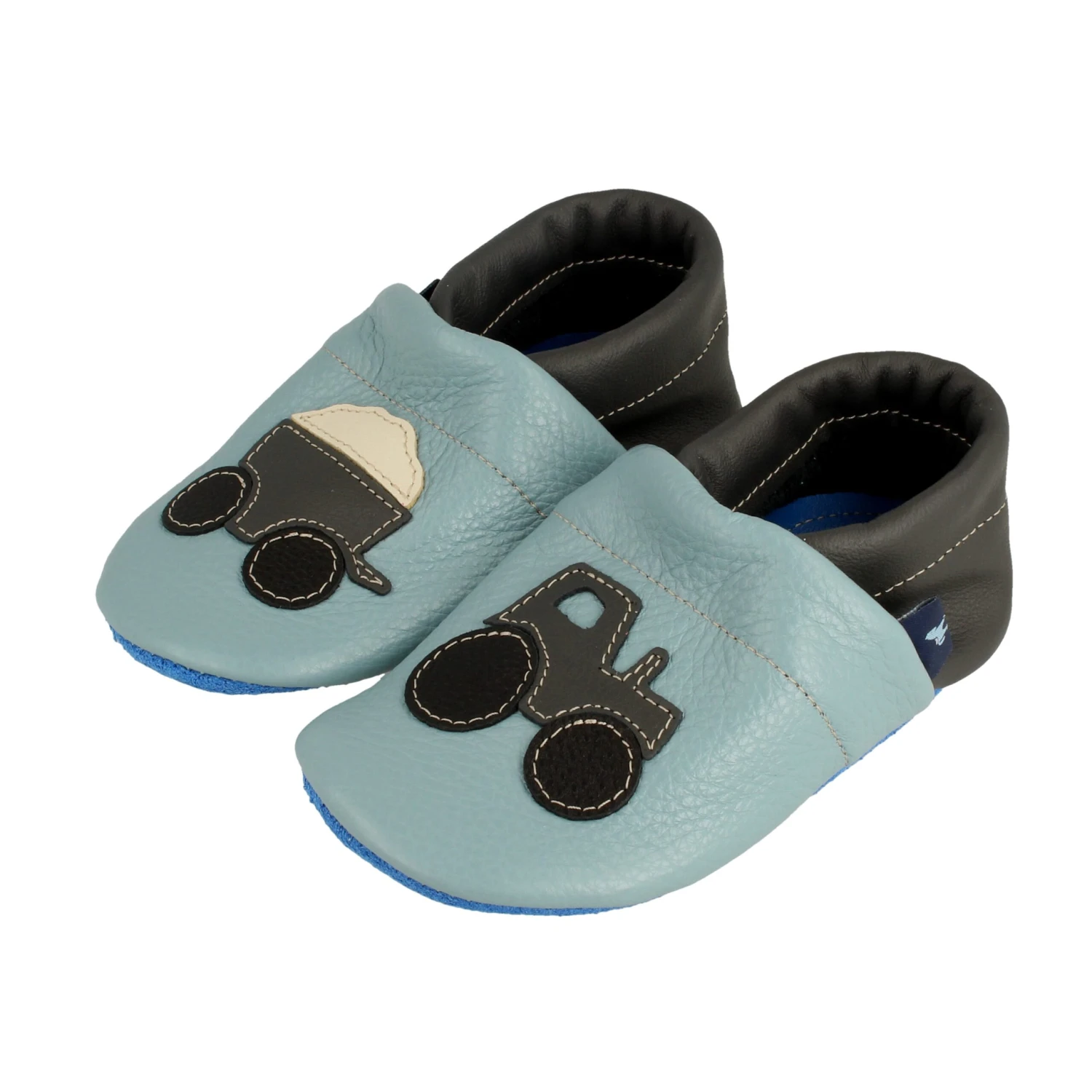 Hausschuhe / Lederpuschen Mit Traktor In Hellblau / Grau 4 Hausschuhe / Lederpuschen Mit Traktor In Hellblau / Grau – Bild 4