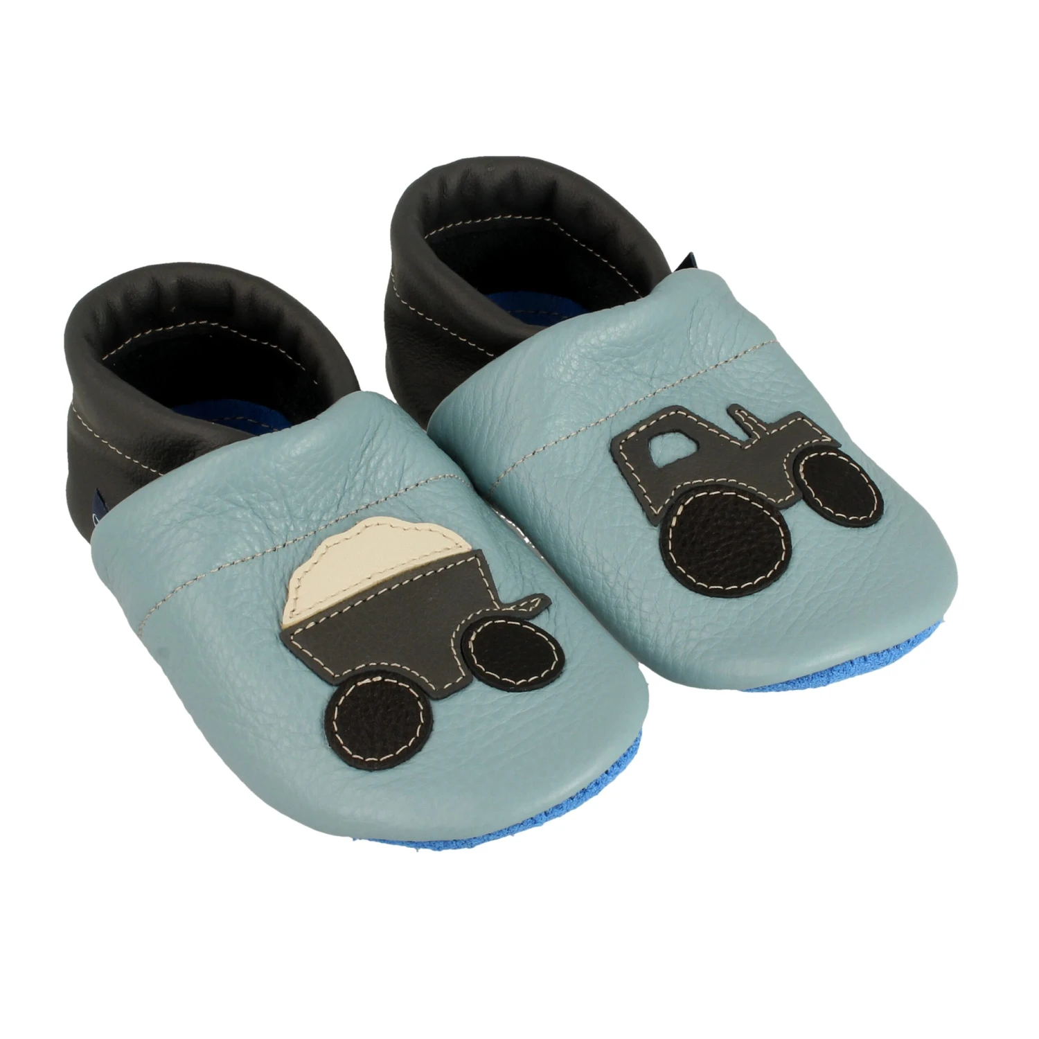 Hausschuhe / Lederpuschen Mit Traktor In Hellblau / Grau 1 Hausschuhe / Lederpuschen Mit Traktor In Hellblau / Grau