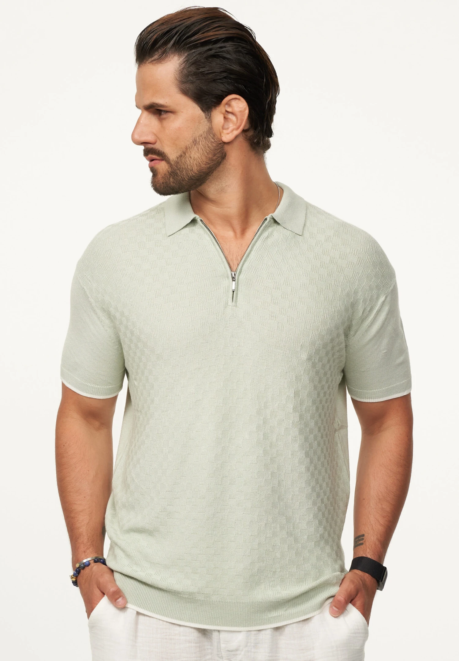 Poloshirt - Mit Half-Zip Kurzarm Strick Polo-Hemd T-Shirt In Sage 2 Poloshirt - Mit Half-Zip Kurzarm Strick Polo-Hemd T-Shirt In Sage – Bild 2