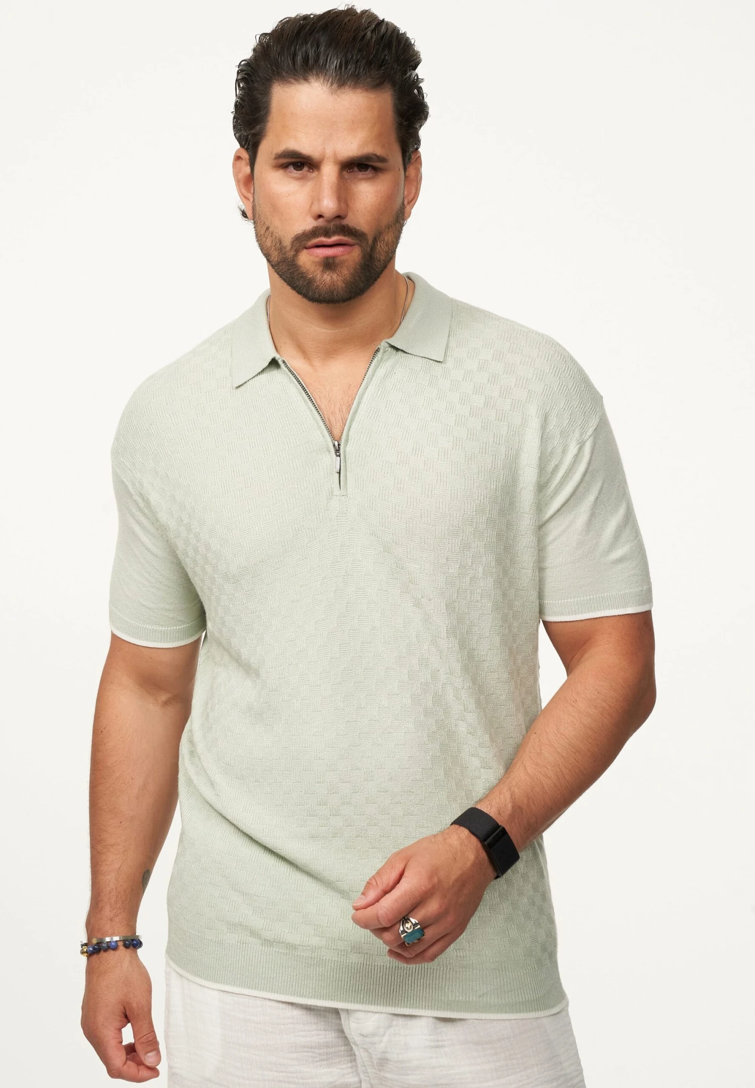 Poloshirt - Mit Half-Zip Kurzarm Strick Polo-Hemd T-Shirt In Sage 3 Poloshirt - Mit Half-Zip Kurzarm Strick Polo-Hemd T-Shirt In Sage – Bild 3