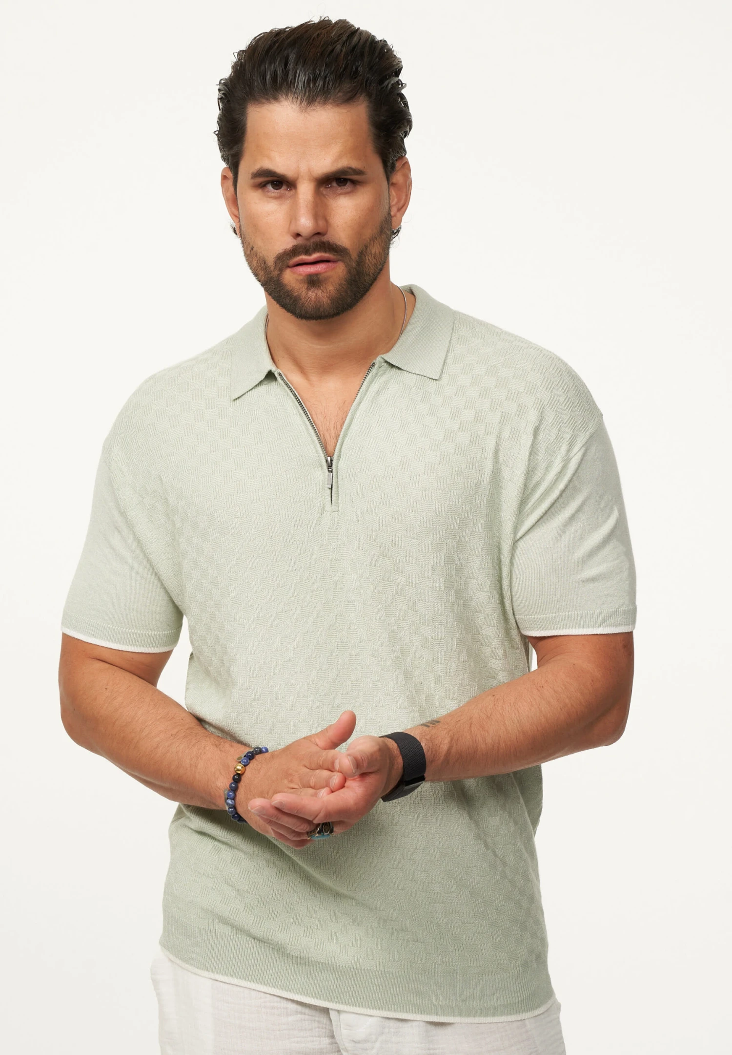 Poloshirt - Mit Half-Zip Kurzarm Strick Polo-Hemd T-Shirt In Sage 1 Poloshirt - Mit Half-Zip Kurzarm Strick Polo-Hemd T-Shirt In Sage